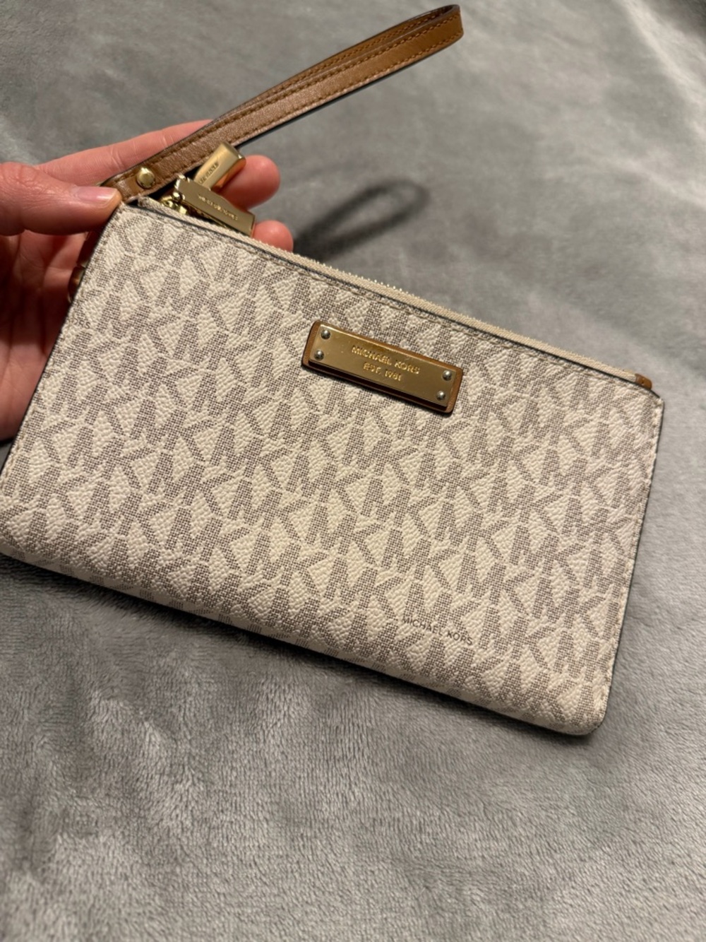 Michael Kors Beige Monogram Wristlet with Tan Strap